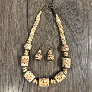 Vintage Bovine Bone Intricately Carved Chunky Beaded Necklace & Earrings